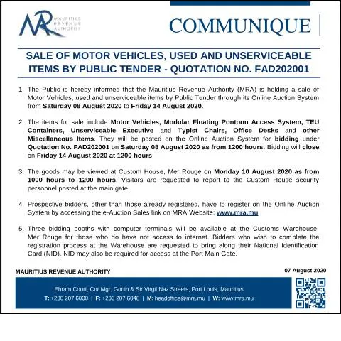 Document preview: Mauritius Revenue Authority Public Tender for Motor Vehicles and — Vehicle & driving (CERFA n°CommuniqueFAD070820)