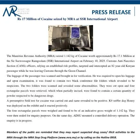 Document preview: MRA's Major Cocaine Seizure at SSR International Airport — Government & admin (CERFA n°PressRelease17M120225)