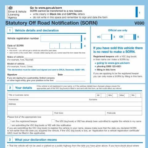 Document preview: How to Submit Your Statutory Off Road Notification Using Form V890 — Vehicle & driving