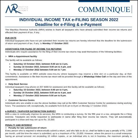 Document preview: Mauritius 2022 Income Tax e-Filing Season: Important Dates and — Taxes (CERFA n°CommuniqueFilingSeason2022)