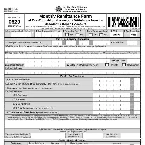 Document preview: Understanding BIR Form No. 0620 for Tax Compliance — Taxes (CERFA n°0620)