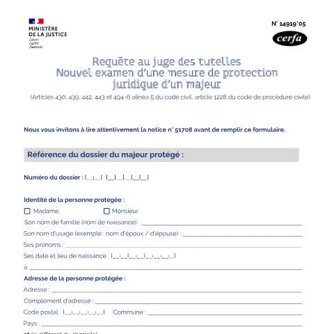 Aperçu du document Requête de révision d'une protection judiciaire pour majeur — Juridique & justice (CERFA n°14919*05)