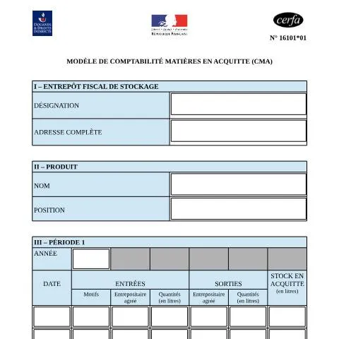 Aperçu du document Comptabilité matières en acquitté : contrôle fiscal des alcools — Entreprise & professionnels (CERFA n°16101*01)