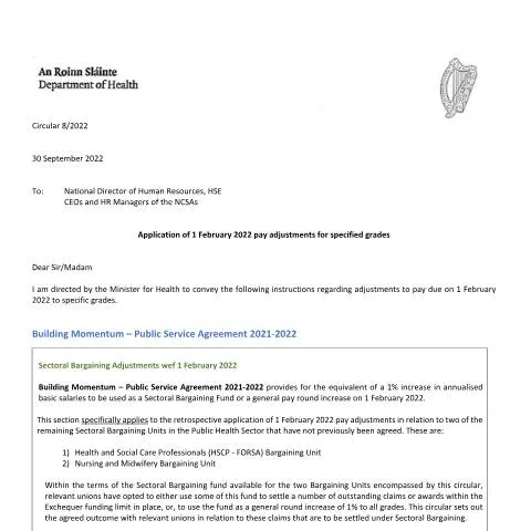 Document preview: Understanding Circular 8/2022: Pay Adjustments for Irish Health Sector — Work & employment (CERFA n°BU2)