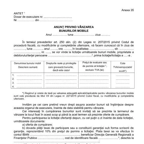 Document preview: Importanța Anunțului de Vânzare a Bunurilor Mobile — Impozite & fiscalitate (CERFA n°A35_OPANAF_63_2017)