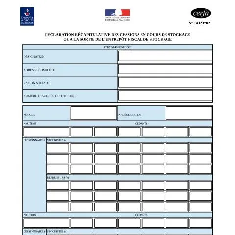 Aperçu du document Entrepôt fiscal de stockage : obligations déclaratives des cessions — Démarches administratives (CERFA n°14323*02)