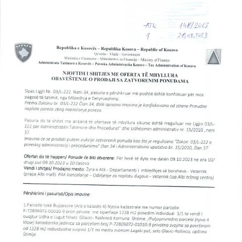 Document preview: Rëndësia e NJOFTIM I SHITJES ME OFERTA TË MBYLLURA në Kosovë — Procedura administrative