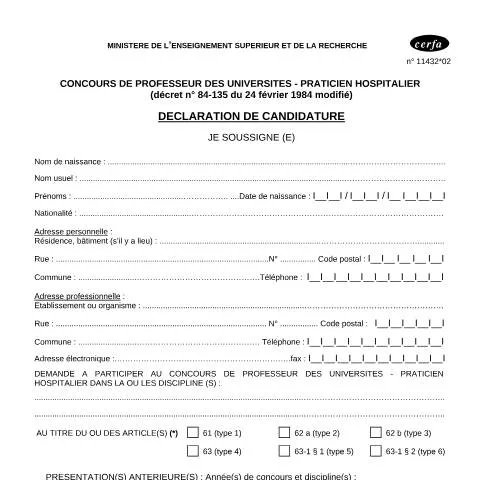 Aperçu du document Formulaire 11432*02 : candidature professeur universitaire-praticien — Études & formation (CERFA n°11432*02)