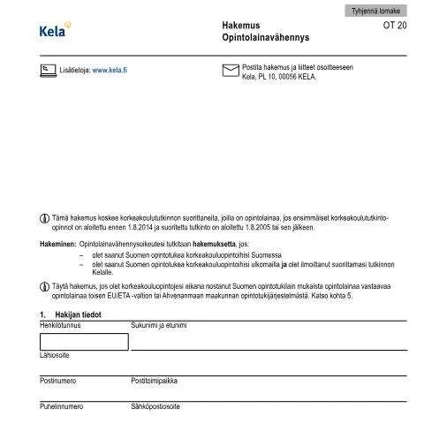 Document preview: Opintolainavähennys: Hakemuksen Täyttäminen ja Ymmärtäminen — Opiskelu & koulutus (CERFA n°Kela OT 20)