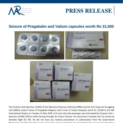 Document preview: Major Drug Seizure at SSR International Airport: Pregabalin and Valium — Government & admin (CERFA n°PressRelease160518)