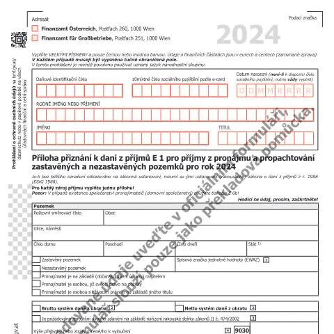 Dokumentvorschau: Formular E1b-CZ für Vermieter in Österreich 2024 — Steuern (CERFA n°E1b-CZ)
