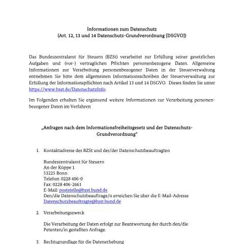 Dokumentvorschau: Anfrage nach dem IFG beim BZSt — Behörden & Verwaltung (CERFA n°anfrage_nach_dem_ifg)