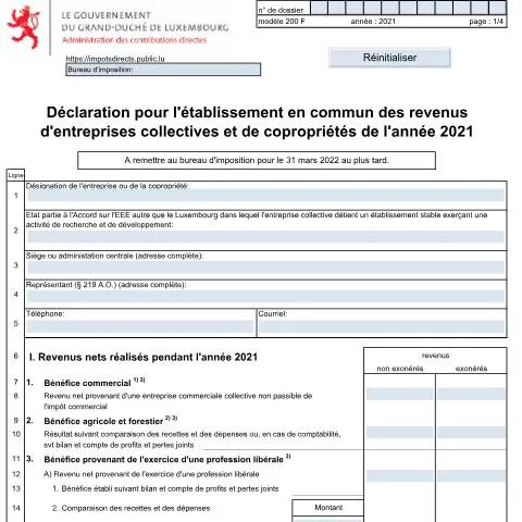 Aperçu du document Comprendre le Formulaire 200 F pour les Entreprises Collectives — Impôts & fiscalité (CERFA n°200 F)