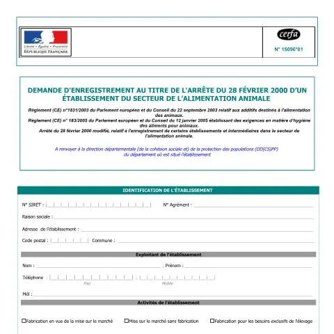 Aperçu du document Enregistrement obligatoire des établissements d'alimentation animale — Démarches administratives (CERFA n°15096*01)
