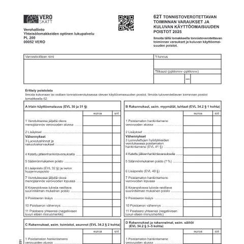 Document preview: Tonnistoverotettavan toiminnan varaukset ja poistot 62T-lomakkeella — Verot & verotus (CERFA n°Vero 3025)