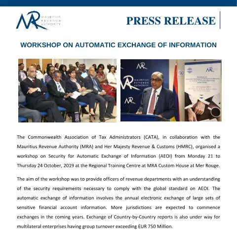 Document preview: Enhancing Tax Compliance: The AEOI Workshop in Mauritius — Taxes (CERFA n°PressReleaseAEOIWorkshop)