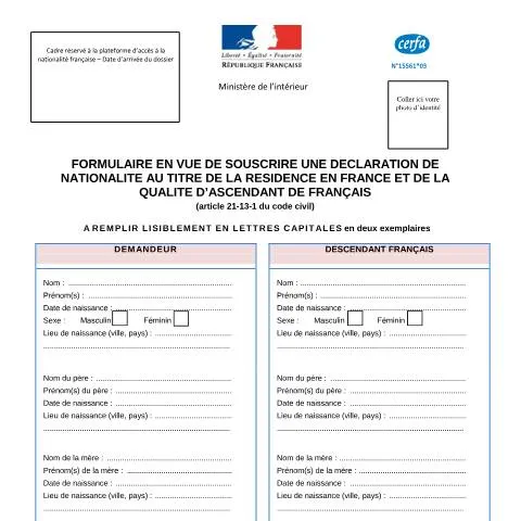 Aperçu du document Comment obtenir la nationalité française par filiation d'ascendant — État civil & identité (CERFA n°15561*03)