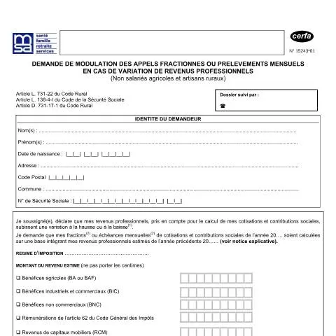 Aperçu du document Comment moduler ses prélèvements de cotisations sociales agricoles — Aides & prestations sociales (CERFA n°15243*01)