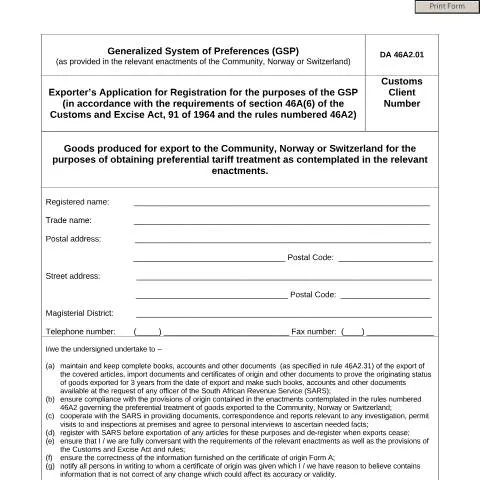 Document preview: Understanding the DA 46A2 01 Form for Exporters — Government & admin (CERFA n°DA 46A2 01)