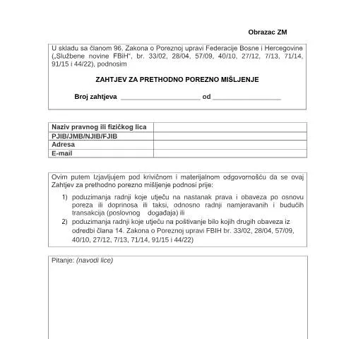 Document preview: Sve o Zahtjevu za prethodno porezno mišljenje — Pravno i pravda (CERFA n°ZM)