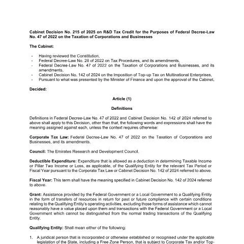 Document preview: UAE R&D Tax Credit Framework Under Cabinet Decision No. 215 of 2025 — Taxes (CERFA n°Cabinet Decision No. 215 of 2025)