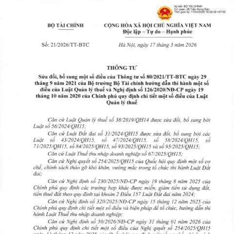 Document preview: Cập nhật quan trọng từ Thông tư 21/2026/TT-BTC về quản lý thuế — Thuế & tài chính (CERFA n°21/2026/TT-BTC)
