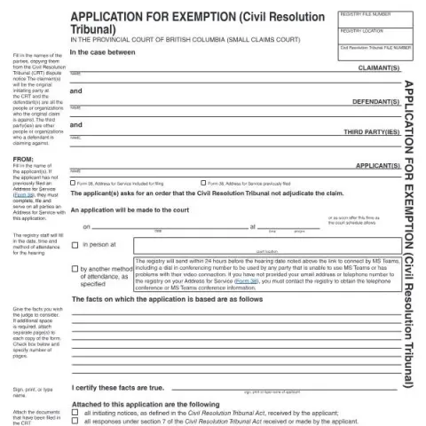 Document preview: Understanding the Application for Exemption in BC Small Claims Court — Legal & justice (SCL 055)