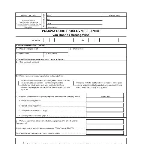 Document preview: Obrazac PE-807 za prijavu dobiti poslovnih jedinica — Porezi i fiskalnost (CERFA n°PE-807)