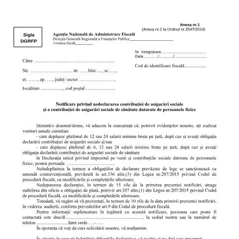 Document preview: Gestionarea contribuțiilor sociale: Notificarea ANAF — Impozite & fiscalitate (CERFA n°A1_OPANAF_6515_2024)