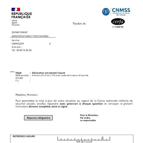 Aperçu du document Déclaration à la sécurité sociale militaire : guide du formulaire — Santé (CERFA n°11358*08)