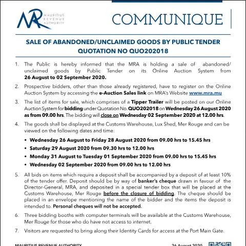 Document preview: Understanding Public Tender Sales of Unclaimed Goods — Government & admin (CERFA n°CommuniqueQ202018)