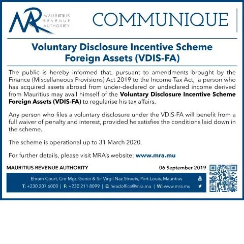 Document preview: Mauritius VDIS-FA: Simplify Foreign Asset Disclosure — Taxes (CERFA n°CommuniqueVDISFA)