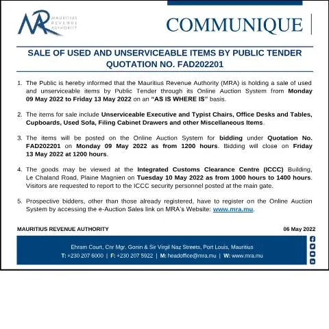 Document preview: Official Notice: Disposal of Surplus Assets via Public Tender — Government & admin (CERFA n°Communique060522)