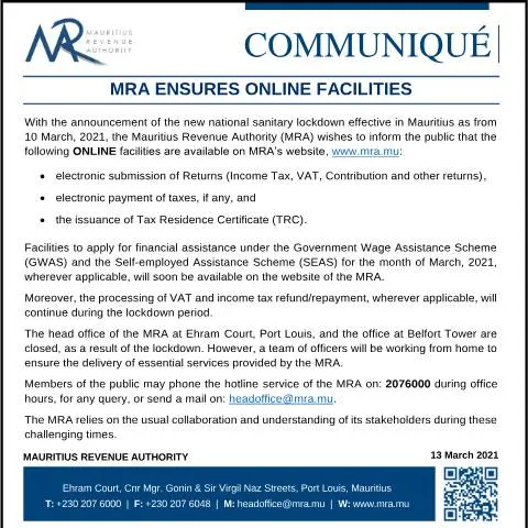 Document preview: Mauritius Revenue Authority Announces Continued Online Services During — Government & admin (CERFA n°COMMUNIQUE130321onlinefacilities)
