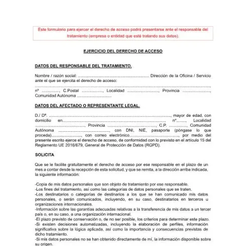 Vista previa del documento Formulario para ejercer el derecho de acceso a tus datos — Digital y datos personales