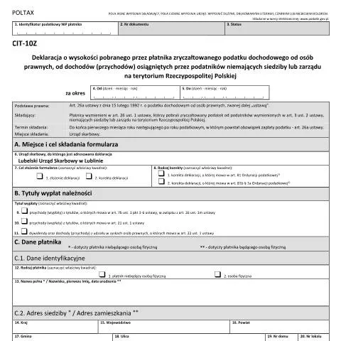 Document preview: CIT-10Z: Obowiązki płatników zryczałtowanego podatku dochodowego — Podatki i fiskalność (CERFA n°CIT-10Z)