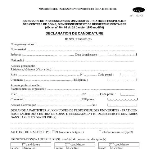 Aperçu du document Candidature au concours PU-PH en centres dentaires universitaires — Études & formation (CERFA n°11433*01)