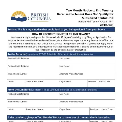 Document preview: Understanding the Two Month Notice for Subsidized Rental Ineligibility — Housing (RTB-32Q)