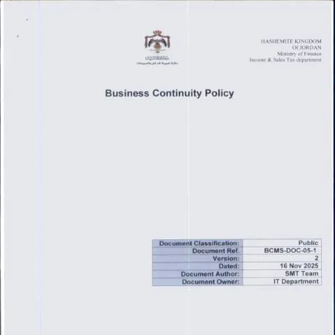 Document preview: فهم سياسة استمرارية الأعمال وفقًا لمعيار ISO 22301 — الضرائب والمالية (CERFA n°20260115 002)