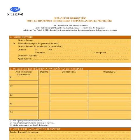Aperçu du document Transport d'espèces animales protégées : procédure d'autorisation — Démarches administratives (CERFA n°11629*02)