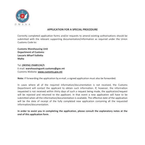 Document preview: Understanding Malta's Special Procedure Application — Customs & trade (CERFA n°application-for-a-special-procedure)