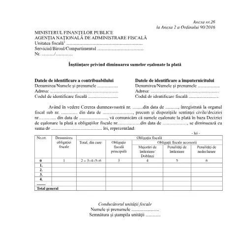Document preview: Diminuarea sumelor eșalonate la plată: OPANAF 90/2016 — Impozite & fiscalitate (CERFA n°A26_OPANAF_90_2016)