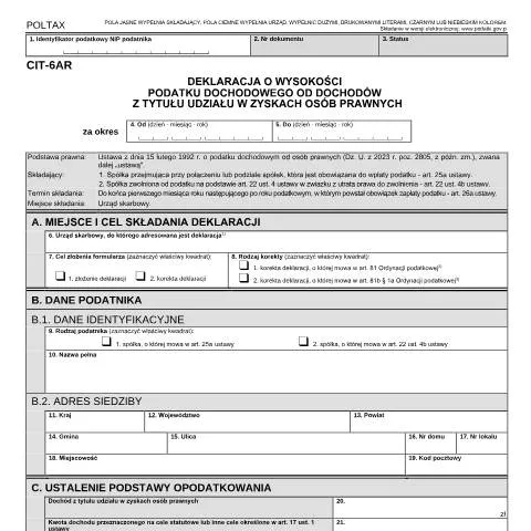 Document preview: Znaczenie deklaracji CIT-6AR w polskim systemie podatkowym — Podatki i fiskalność (CERFA n°CIT-6AR)