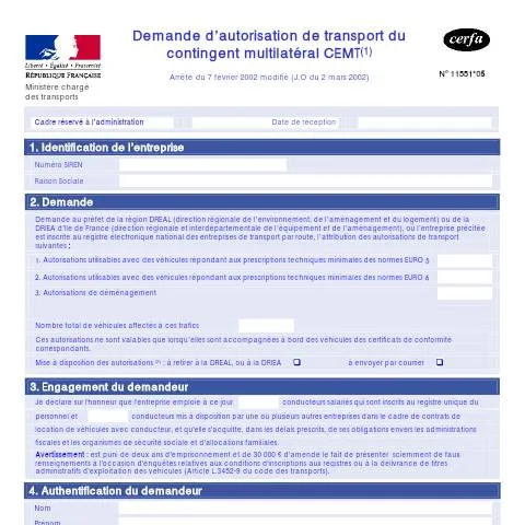 Aperçu du document Demande d'autorisation transport CEMT : procédures et contingents — Démarches administratives (CERFA n°11551*05)