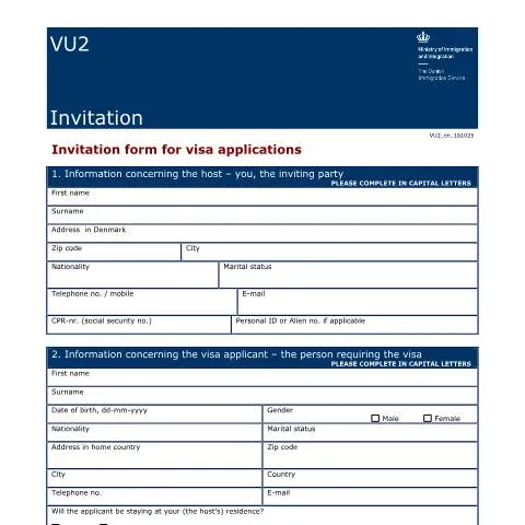Document preview: Guide til VU2: Sådan inviterer du gæster til Danmark — Immigration & visa (CERFA n°VU2)