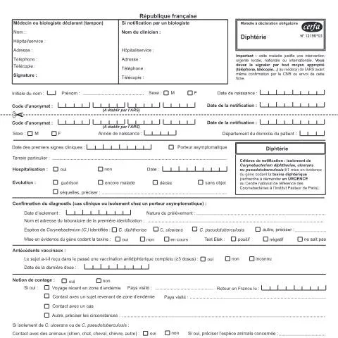 Aperçu du document Signalement obligatoire de la diphtérie : guide du formulaire 12198*03 — Santé (CERFA n°12198*03)