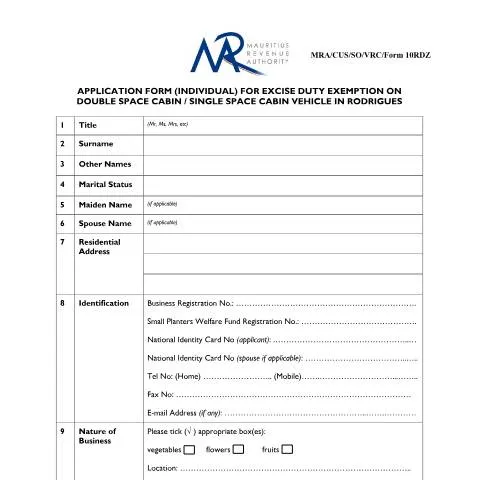 Document preview: Your Guide to the Excise Duty Exemption Application in Rodrigues — Vehicle & driving (CERFA n°RDZForm10270715)
