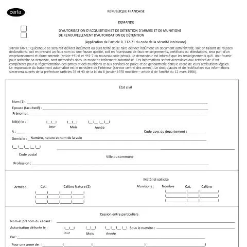 Aperçu du document Autorisation d'armes catégorie A et B : démarches préfecture — Démarches administratives (CERFA n°12644*04)