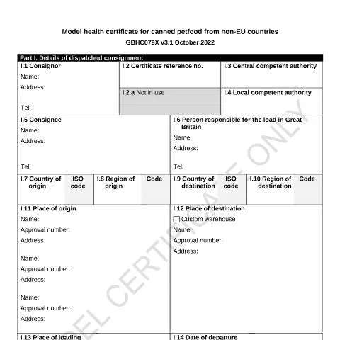 Document preview: International Pet Food Import Certification Requirements for Great — Government & admin