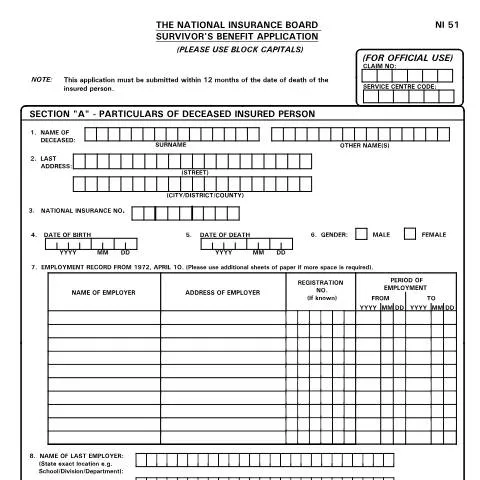Document preview: Understanding the NI51 Form for Survivor's Benefits — Government & admin (CERFA n°NI51)